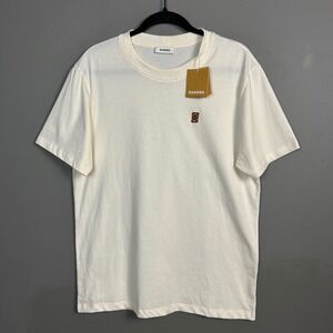 Sandro T-shirt Men's Medium Cream Leather Logo Organic Cotton Minimalist Street